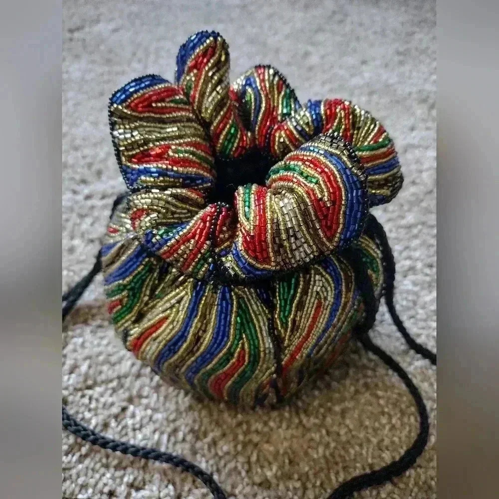Vintage Heavily Beaded Multicolor Shoulder Bag Purse